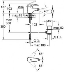 Габаритный чертеж смесителя для биде Eurosmart 32929 фирмы Grohe