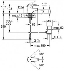 Габаритный чертеж смесителя для биде Eurosmart 33268 фирмы Grohe