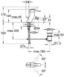 Габаритный чертеж смесителя для биде Ectos 32372IP фирмы Grohe