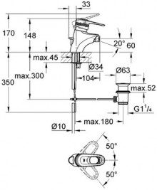 Габаритный чертеж смесителя для биде Europlus 33241IG фирмы Grohe