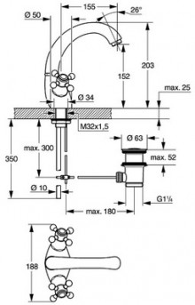 Габаритный чертеж смесителя для умывальника Sinfonia 21014 фирмы Grohe